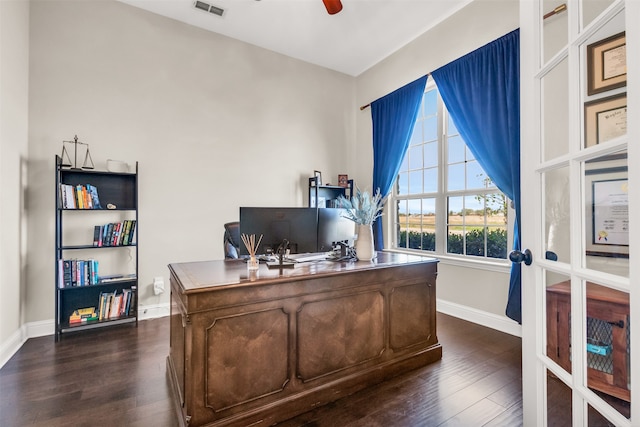 office area with dark hardwood / wood-style floors and ceiling fan