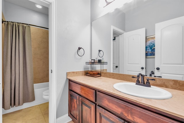 full bathroom with shower / tub combo, vanity, tile patterned floors, and toilet