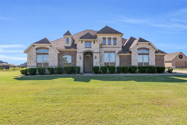 french country home with a front lawn