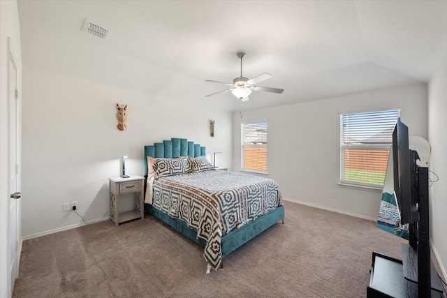 bedroom with ceiling fan and carpet flooring