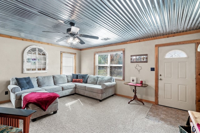 living room with carpet flooring and ceiling fan