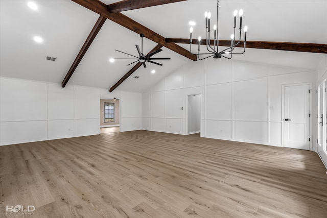 unfurnished living room with vaulted ceiling with beams, ceiling fan with notable chandelier, and light hardwood / wood-style flooring