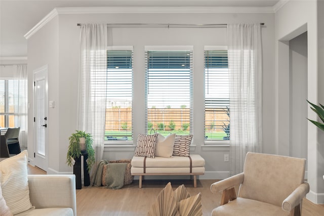 living room with light wood-type flooring and crown molding