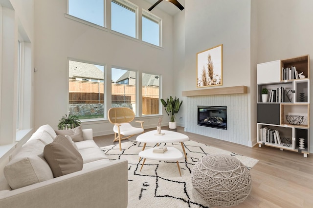 living room featuring light hardwood / wood-style flooring and a high ceiling