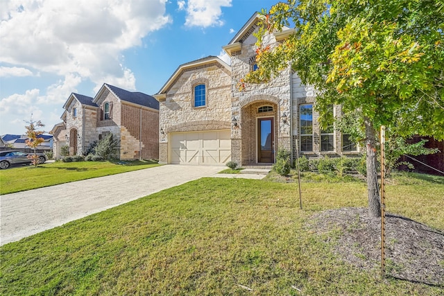 view of front of house with brick siding, concrete driveway, an attached garage, stone siding, and a front lawn