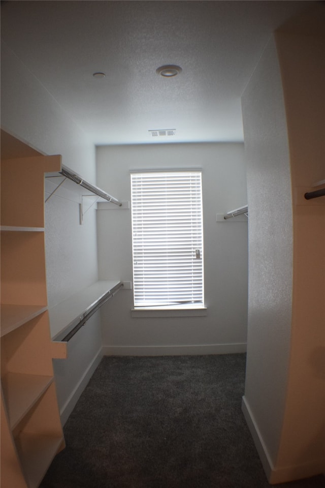 spacious closet featuring dark carpet