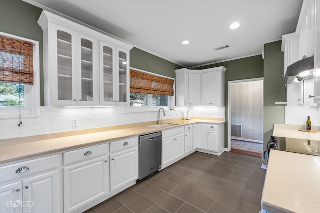 kitchen with stainless steel dishwasher, plenty of natural light, white cabinets, and sink