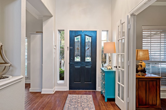 foyer entrance featuring dark hardwood / wood-style floors and ornamental molding