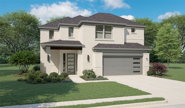 view of front of property featuring a garage and a front lawn