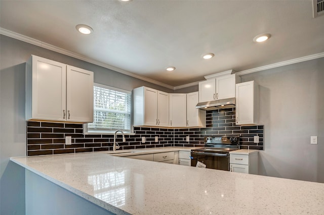 kitchen featuring electric range, sink, light stone countertops, crown molding, and white cabinets