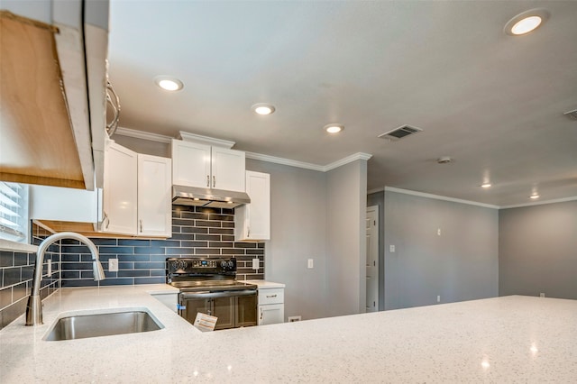 kitchen featuring white cabinetry, electric range, sink, light stone countertops, and backsplash