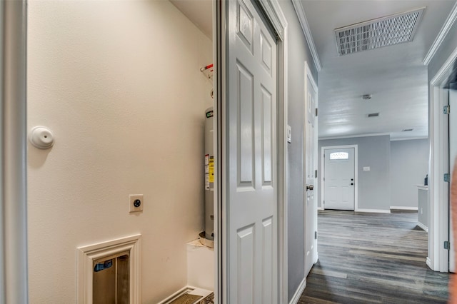 hall with crown molding and dark wood-type flooring