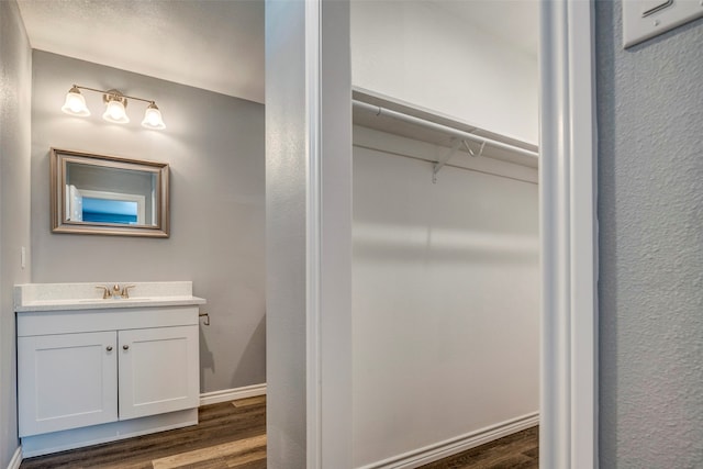 bathroom featuring hardwood / wood-style floors and vanity