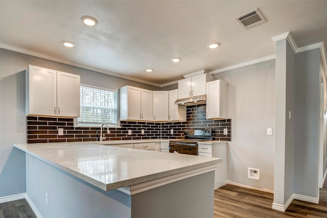 kitchen featuring white cabinets, crown molding, kitchen peninsula, range with electric cooktop, and wood-type flooring