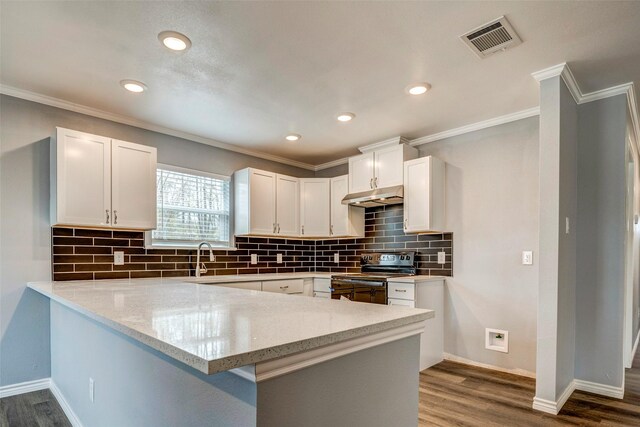 kitchen featuring white cabinets, crown molding, kitchen peninsula, range with electric cooktop, and wood-type flooring