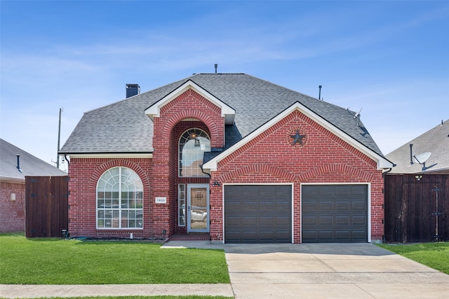 view of property with a front yard and a garage