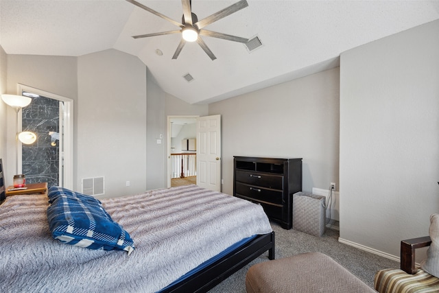 carpeted bedroom featuring ceiling fan and lofted ceiling