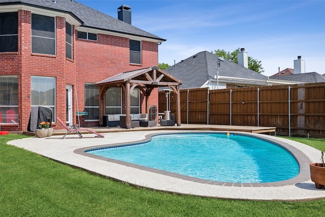 view of swimming pool with a gazebo, outdoor lounge area, and a patio area