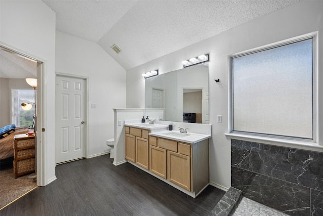 bathroom with hardwood / wood-style floors, a textured ceiling, plenty of natural light, and lofted ceiling