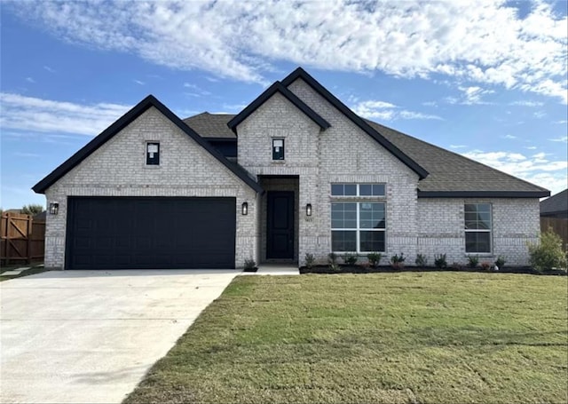 french country home featuring a garage and a front yard