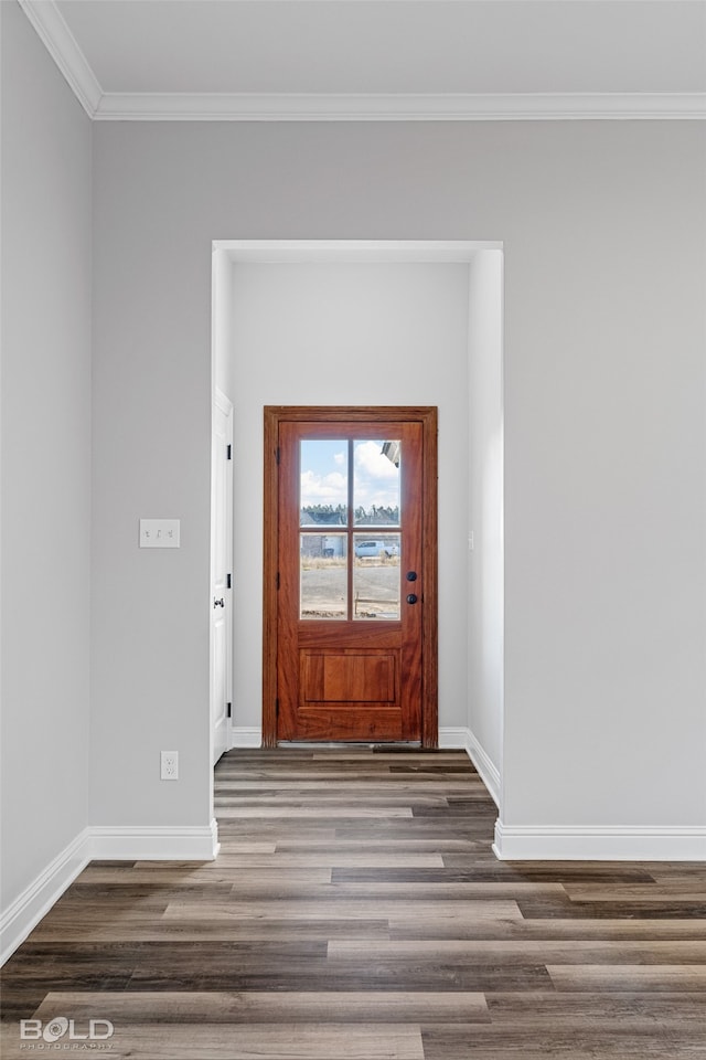 foyer entrance with dark hardwood / wood-style flooring and crown molding