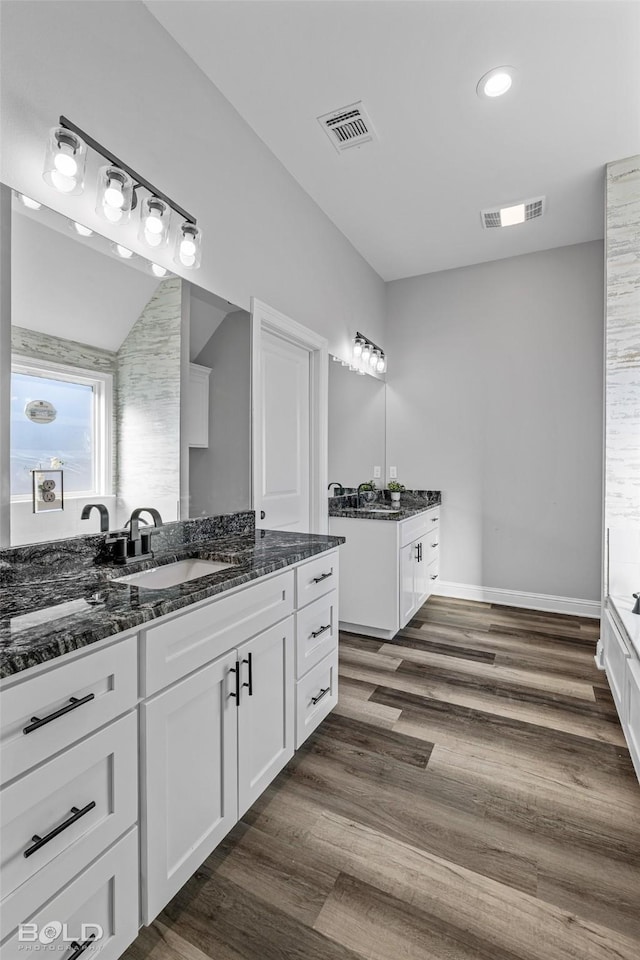 bathroom with vanity and wood-type flooring