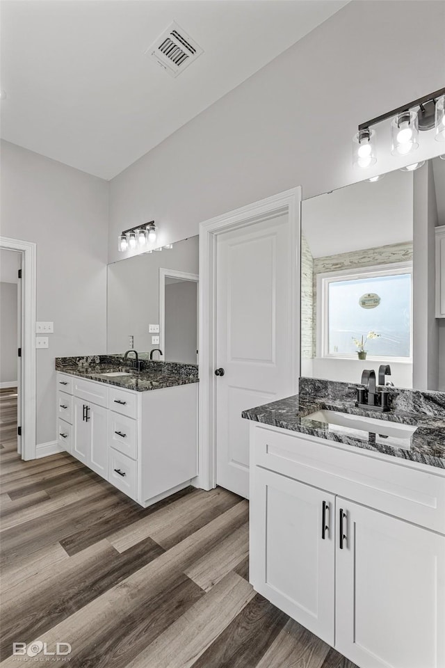 bathroom with vanity and wood-type flooring