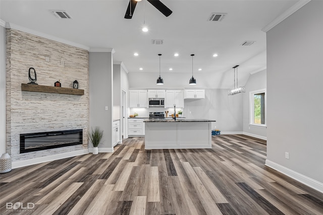 kitchen with appliances with stainless steel finishes, a large fireplace, wood-type flooring, white cabinets, and an island with sink