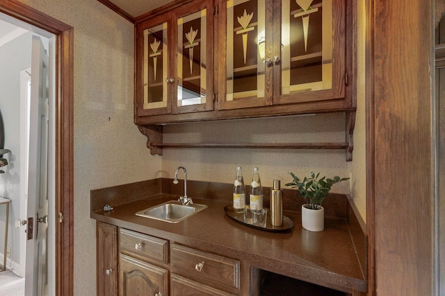 bar with crown molding and sink