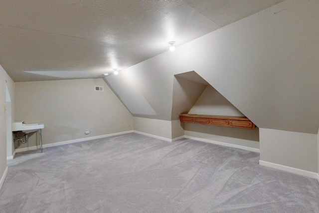 additional living space with a textured ceiling, sink, light colored carpet, and vaulted ceiling