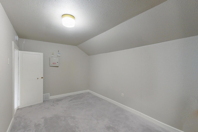 additional living space featuring light carpet, a textured ceiling, and vaulted ceiling