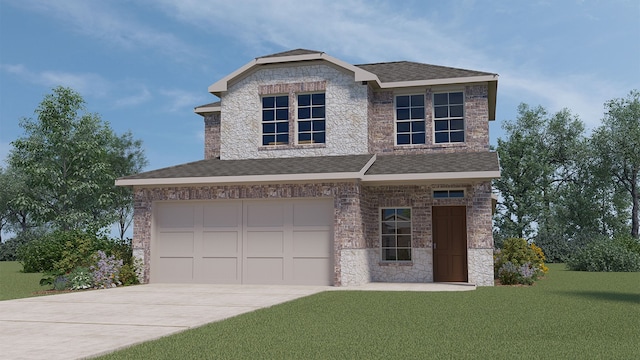 view of front of property with a garage and a front lawn