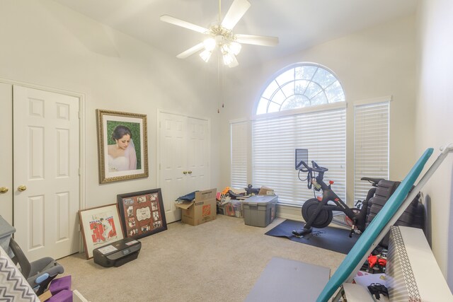 exercise room featuring carpet flooring and ceiling fan