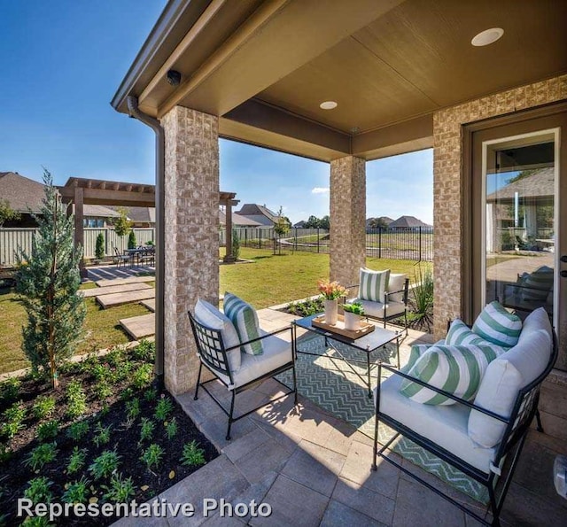 view of patio / terrace featuring an outdoor hangout area and a pergola