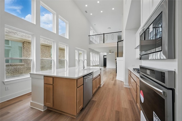 4182 Carter Ct, Denison, TX 75020 - kitchen featuring appliances with stainless steel finishes, a sink, open floor plan, light wood-type flooring, and a towering ceiling