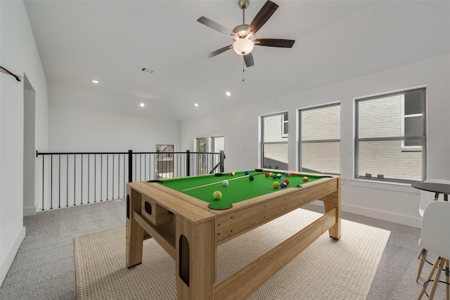 recreation room with lofted ceiling, light carpet, and ceiling fan