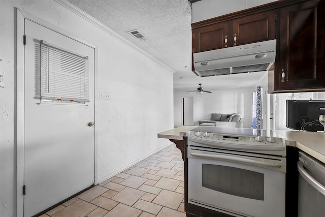 kitchen with dishwasher, ceiling fan, a textured ceiling, white range with electric stovetop, and dark brown cabinetry