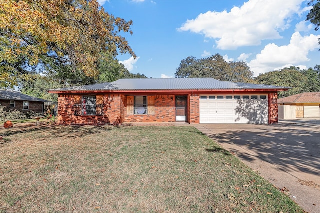 ranch-style home with a garage and a front lawn