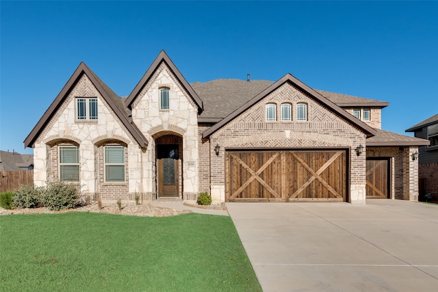 view of front of property featuring a front yard and a garage