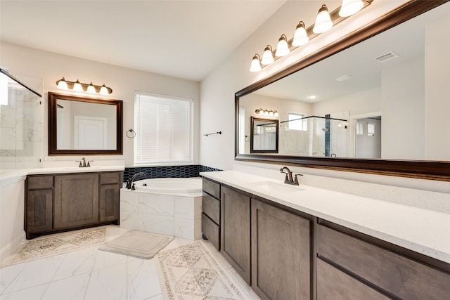 bathroom with vanity and plus walk in shower