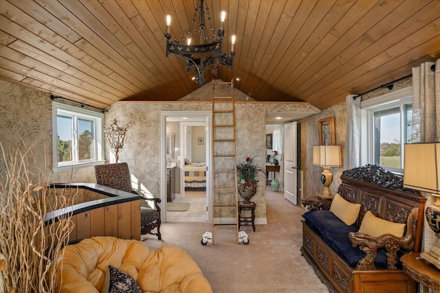 interior space with light carpet, a chandelier, vaulted ceiling, and wood ceiling