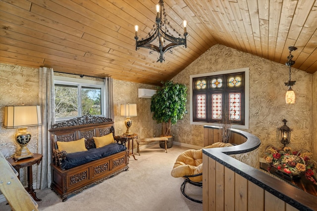 sitting room with wooden ceiling, an inviting chandelier, a wall unit AC, vaulted ceiling, and carpet