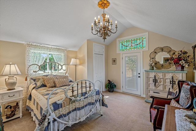 bedroom featuring light carpet, access to outside, a closet, and lofted ceiling