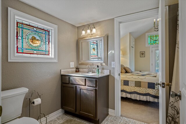 bathroom with vanity, vaulted ceiling, and toilet