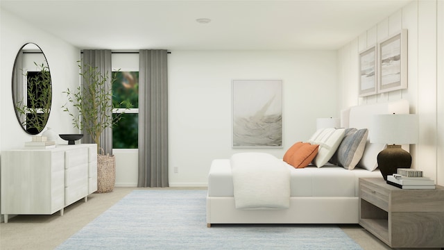 bedroom featuring light colored carpet