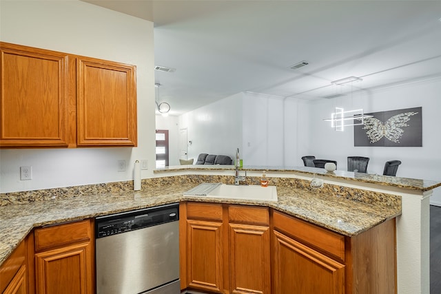 kitchen with dishwasher, sink, light stone counters, kitchen peninsula, and a chandelier