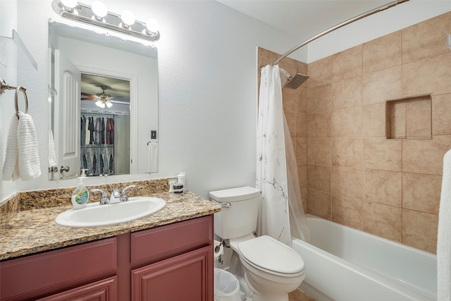 full bathroom with shower / bath combo, ceiling fan, toilet, and vanity