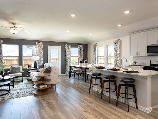 living room with ceiling fan and light hardwood / wood-style flooring