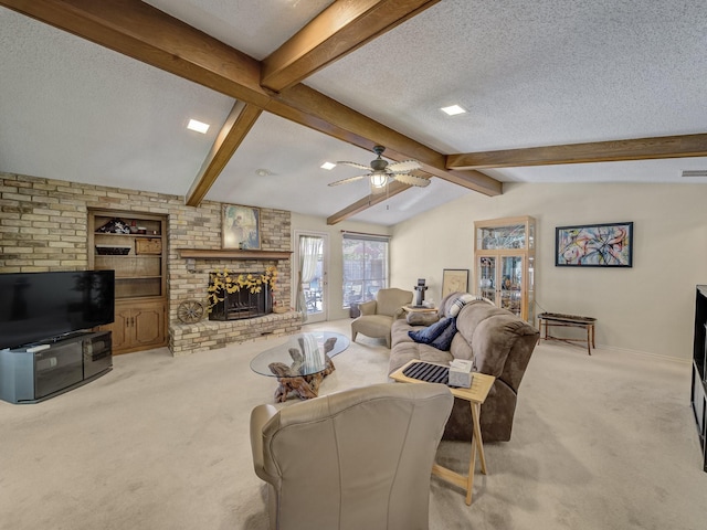 living room featuring lofted ceiling with beams, a brick fireplace, light carpet, a textured ceiling, and ceiling fan