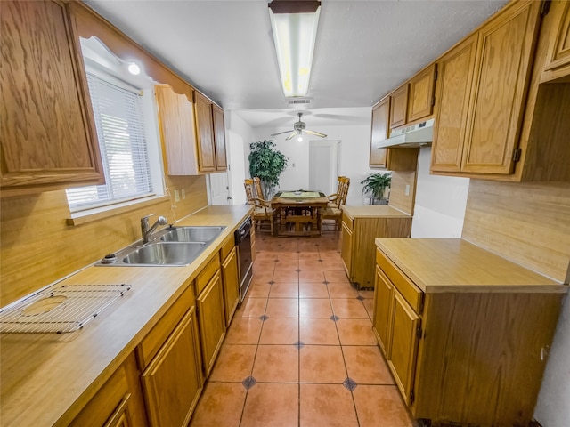 kitchen with ceiling fan, sink, black dishwasher, tasteful backsplash, and light tile patterned floors